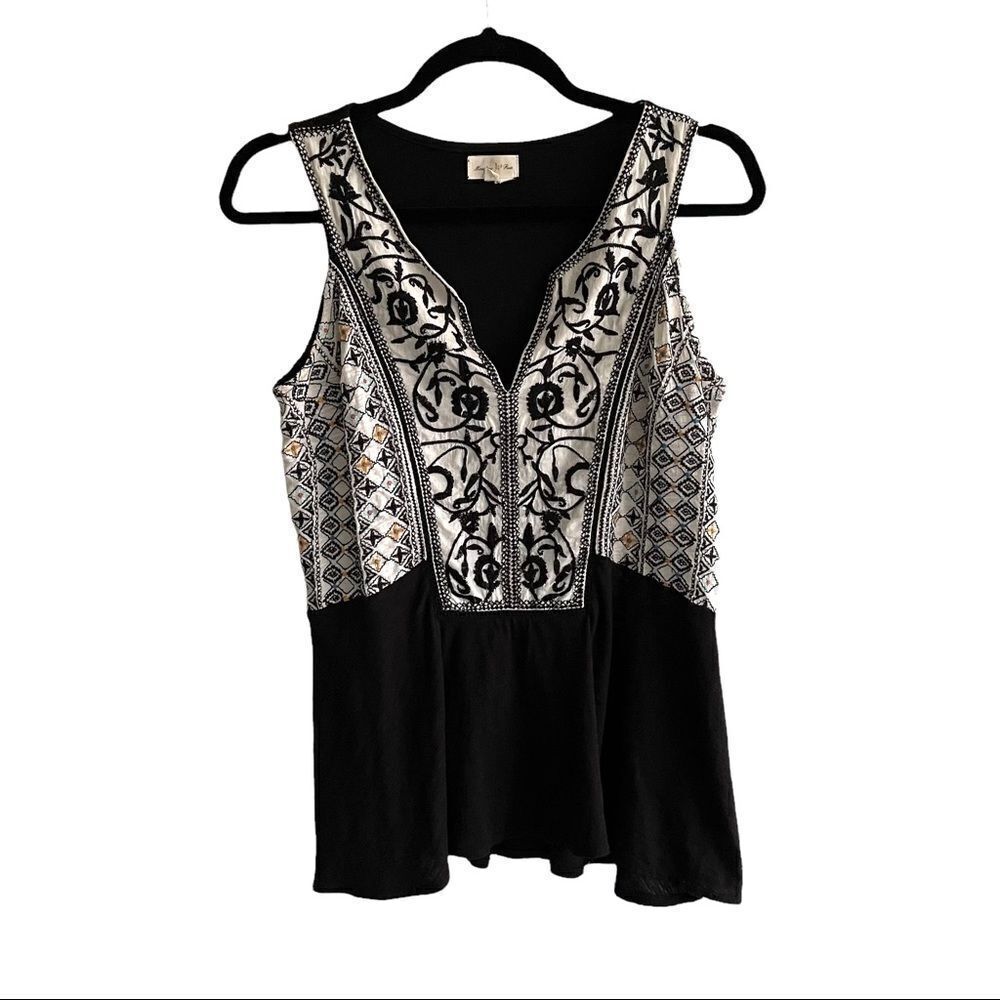 ANTHROPOLOGIE Boho Meadow Rue Sleeveless Tank Top Embroidered Black White XS
